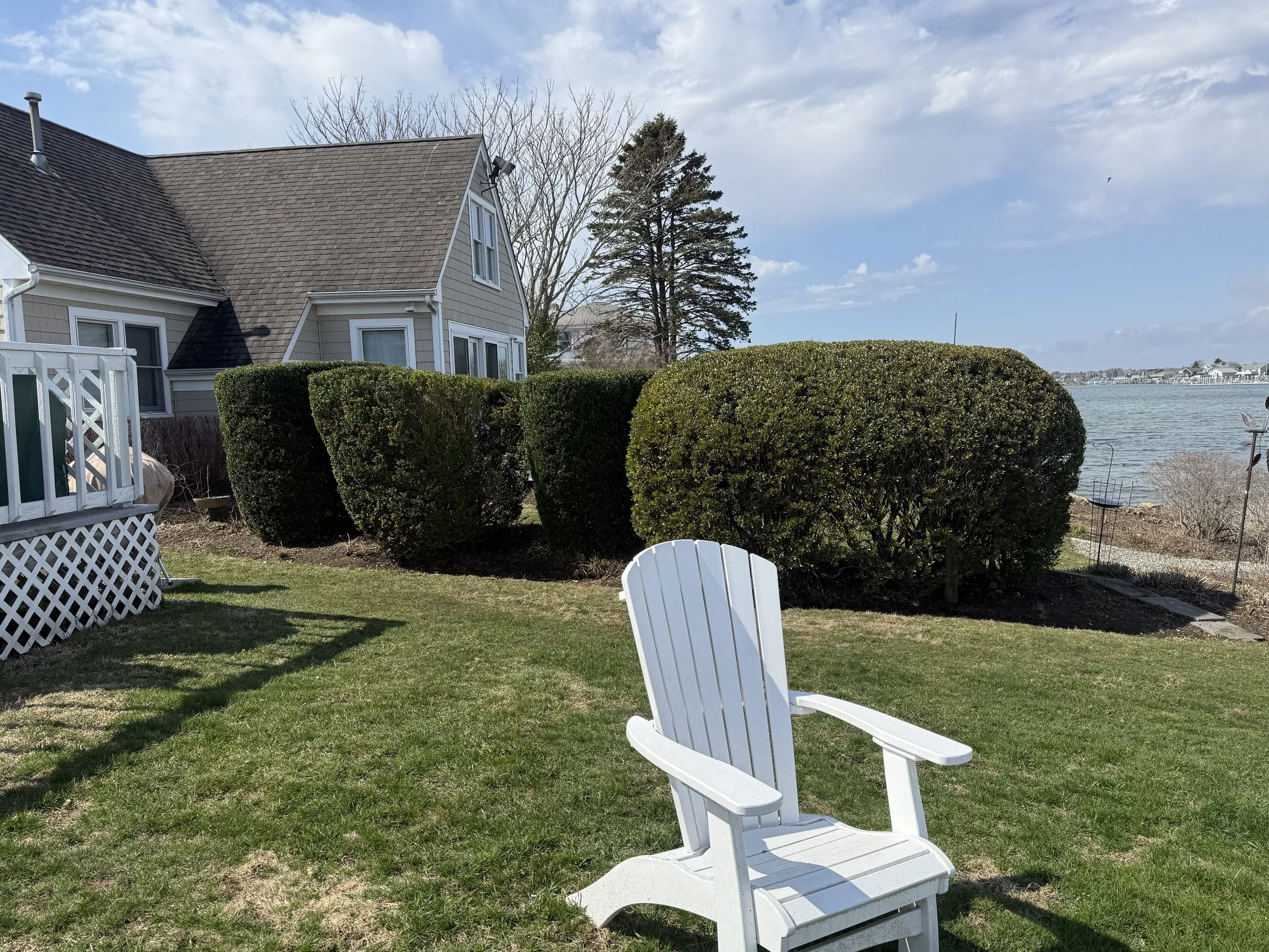 A backyard with a white Adirondack chair on a grassy lawn, tall green bushes, a house with beige siding and gray roof, and a view of water with houses along the shoreline in the background.