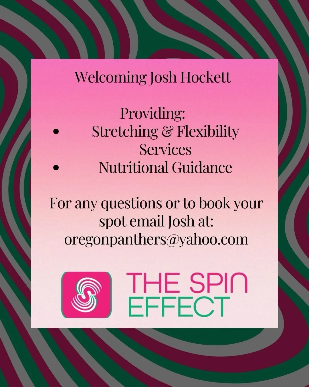 Offering a NEW SERVICE here at The Spin Effect. Josh will begin services January 19th for any and all stretching services as well as nutritional guidance. 
30 minute sessions for $37. 
Reach out to Josh at the email above for any booking or questions