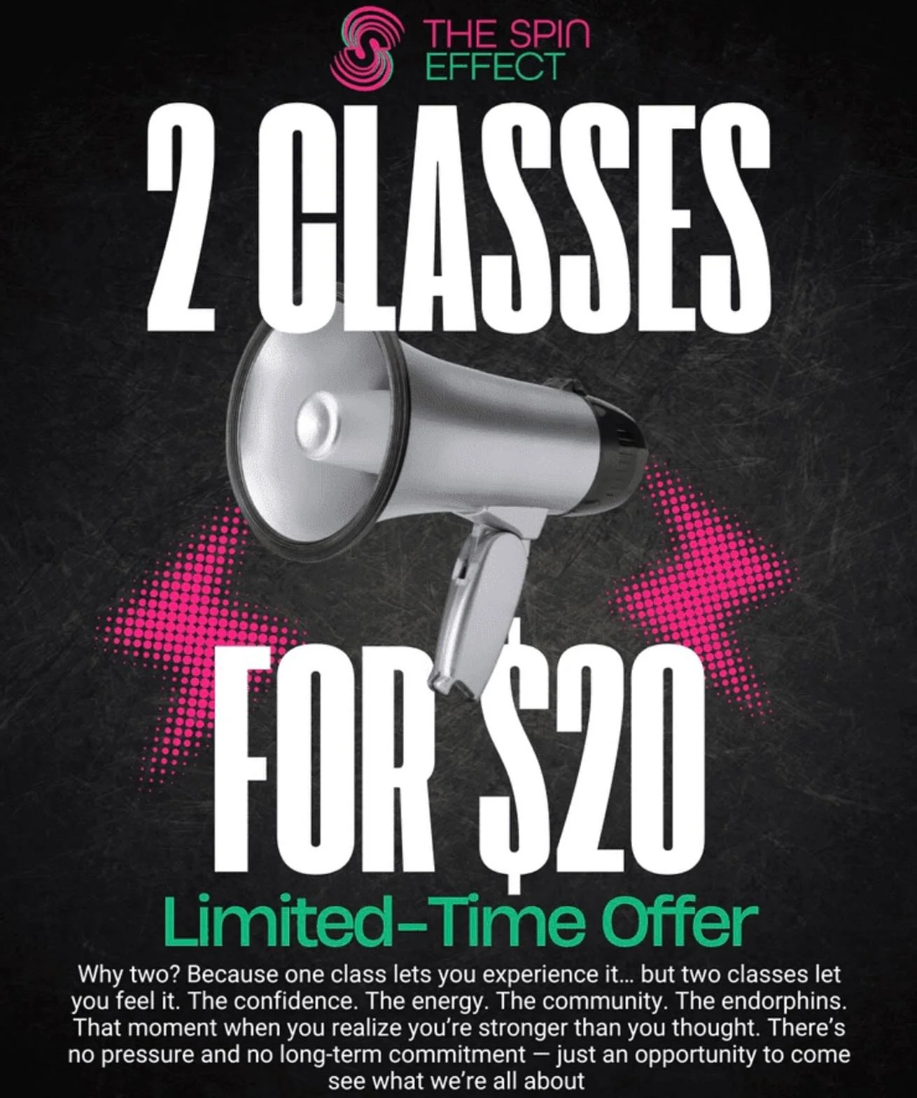 LIMITED TIME OFFER!! 2 classes for $20!
All you have to do is send us a DM that says &ldquo;I&rsquo;m In&rdquo; and we&rsquo;ll take care of the rest&hellip;or head to our website and grab your credits directly.
But don&rsquo;t wait&hellip; this spec