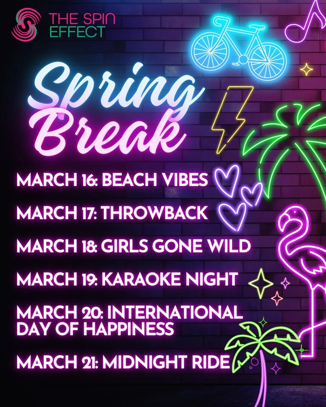 No spring break plans? Perfect &mdash; we&rsquo;ve got you covered. ☀️
Spend your spring break with us for a week full of themed, high-energy fun. Every single day the studio transforms into a new &ldquo;destination&rdquo; you&rsquo;d normally hit on