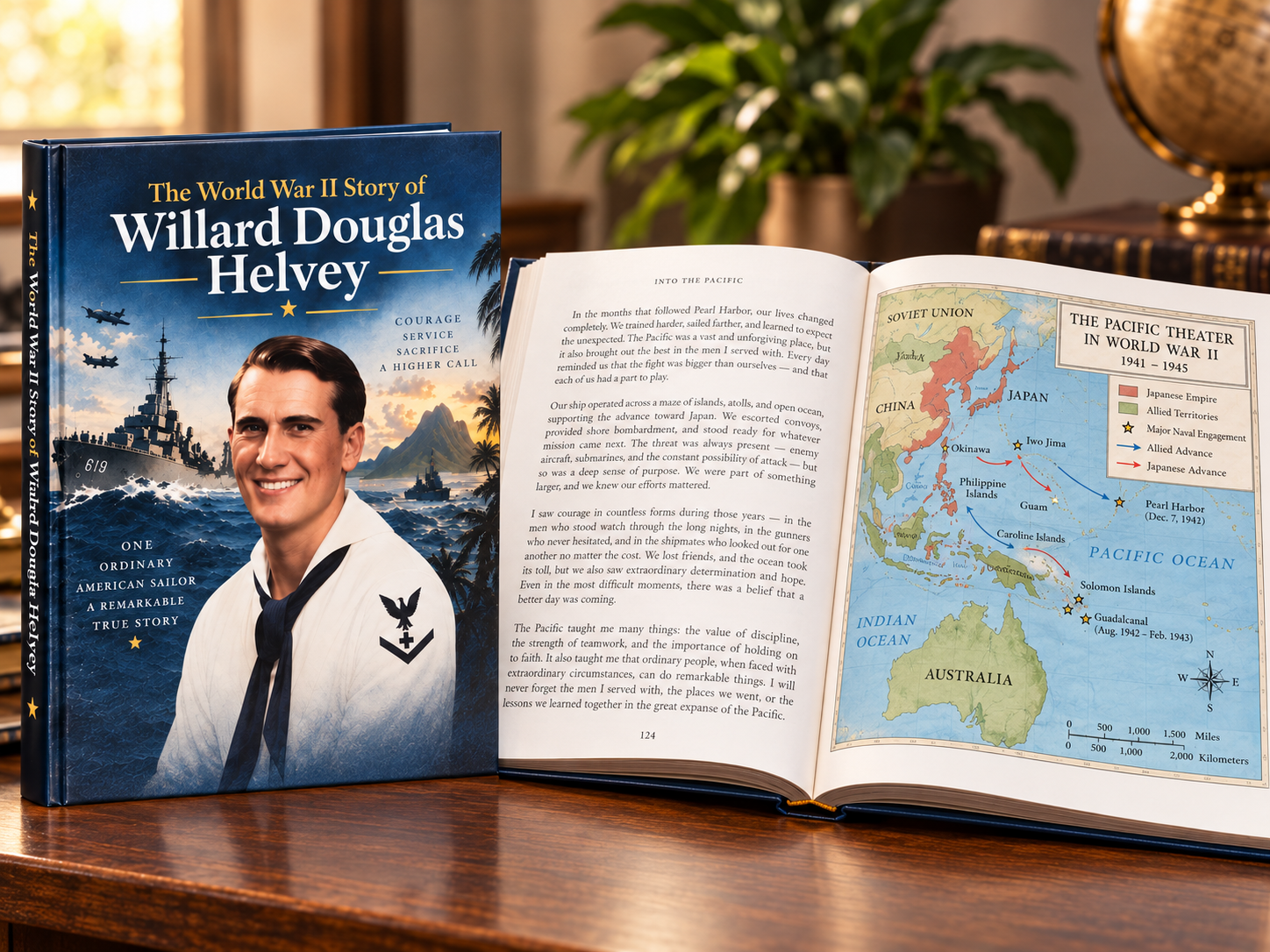 Custom Veteran Story Book beside an open Pacific Theater map spread