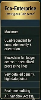 A sign presenting features of 'Eco-Enterprise,' a prize-winning gold scene. It highlights maximum quad-redundant data for complete density and orientation, blockchain full ledger access with processing lines, detailed density and high data points, real-time auditing, and API sandbox access.