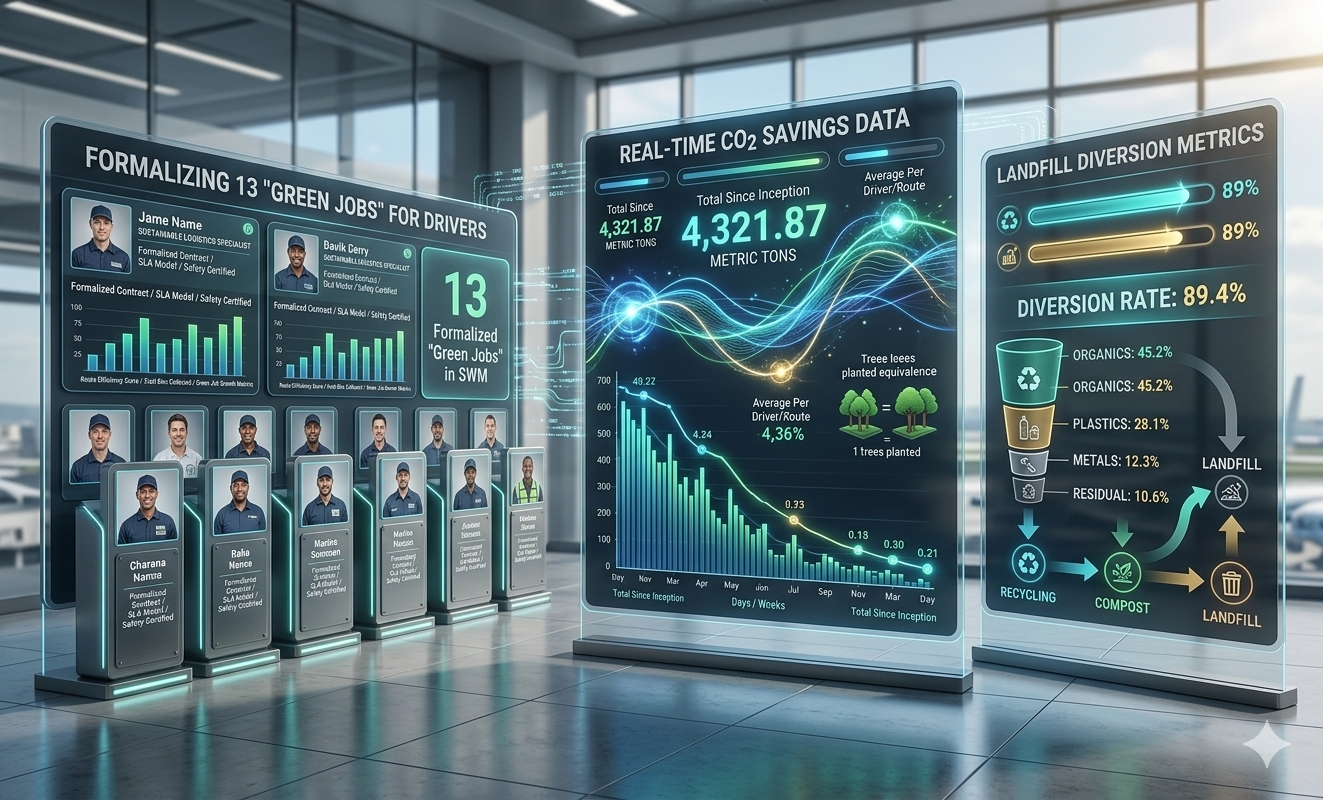 Electronic data dashboards displaying statistics and information related to green jobs, CO2 savings, and landfill diversion metrics, with portraits of drivers at the bottom.