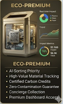 Advertisement for eco-premium trash compactor highlighting real-time impact on plastics, glass, and paper, trending impact metrics, cost and value, and features like AI-sorting, carbon credits, contamination guarantee, and dashboard access.
