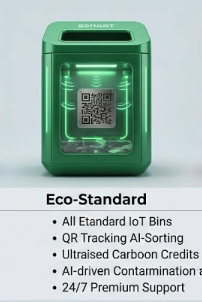 Green Eco-Standard IoT bin with QR code and LED display