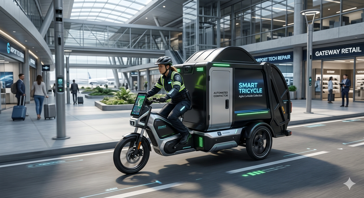 An airport scene with a person riding a smart tricycle inside the terminal. The tricycle is black and gray with green accents and displays digital signage. Passengers with luggage walk nearby, and airport shops and signs are visible in the background.