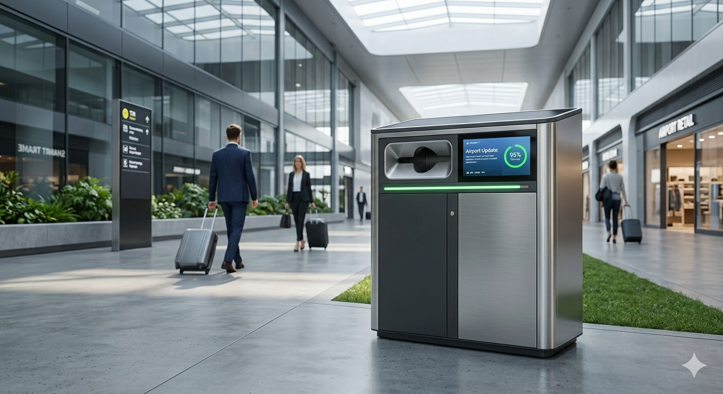 Modern airport terminal with people walking, a digital display, and a trash and recycling station in the foreground.