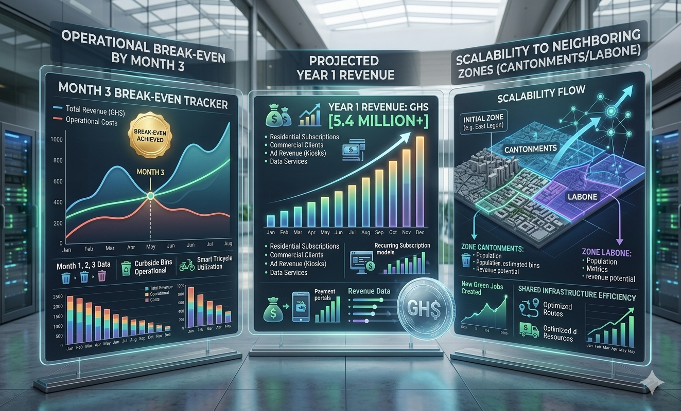 Digital data visualization panels showing financial and operational analytics, including break-even tracking, revenue projections, scalability models for zones called Cantonments and Labone, green jobs, shared infrastructure, and efficiency metrics in a futuristic setting.