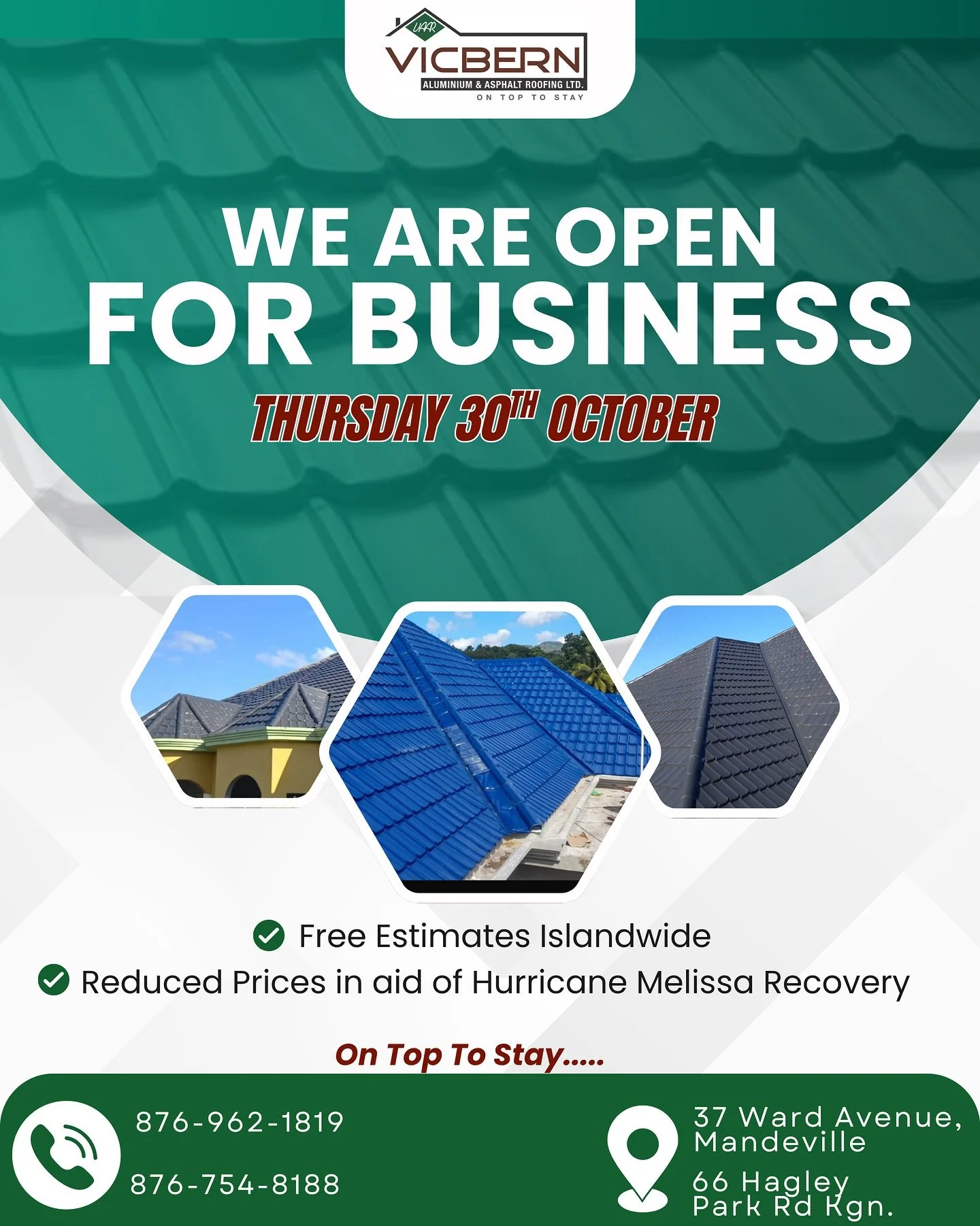 We&rsquo;re back and ready to serve Jamaica! 🇯🇲
Vicbern Roofing is officially reopened and committed to helping you rebuild stronger than before.
Free Estimates Islandwide. Reduced Prices to Aid with Recovery.