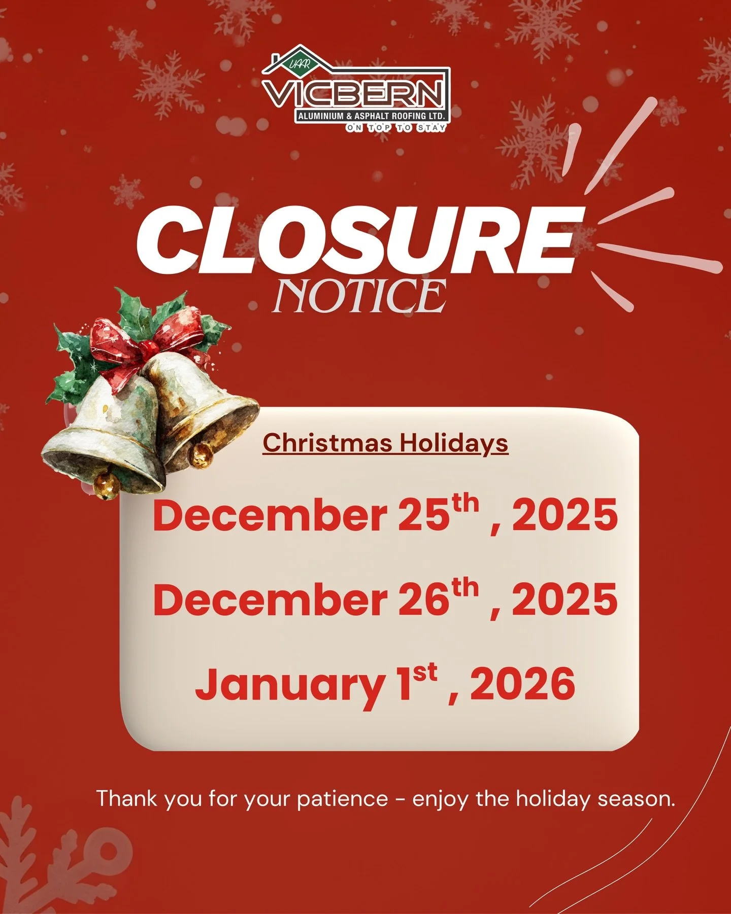 🎄 Holiday Closure Notice 🎄

Please note that we will be closed on December 25 &amp; 26, 2025, and January 1, 2026 in observance of the Christmas holidays.

Thank you for your continued support and understanding. Wishing you a safe, joyful holiday s