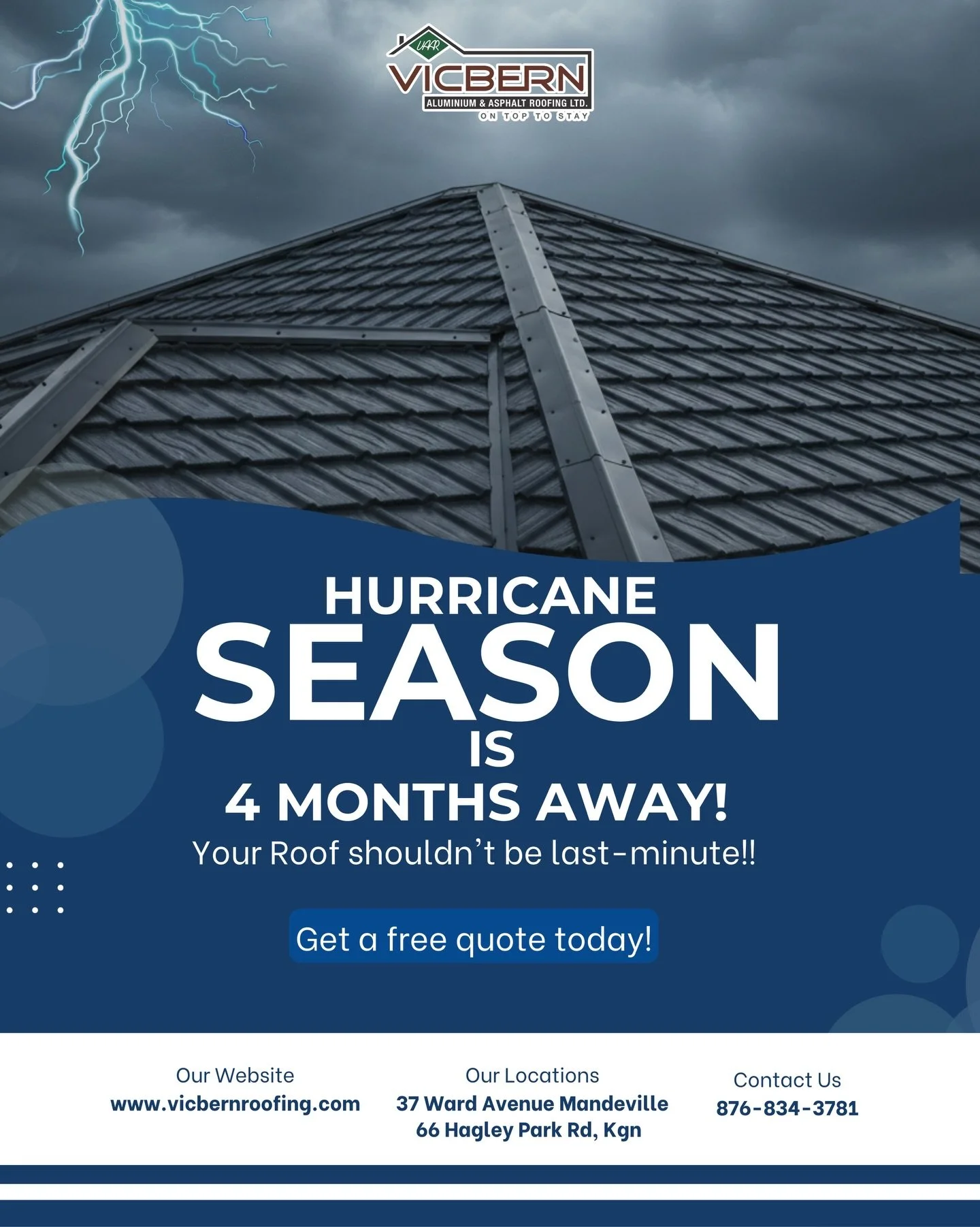 Hurricane season is closer than you think 🌪️
With just 4 months to go, now is the time to make sure your roof is ready.
Don&rsquo;t wait until the last minute&mdash;get a free quote today.