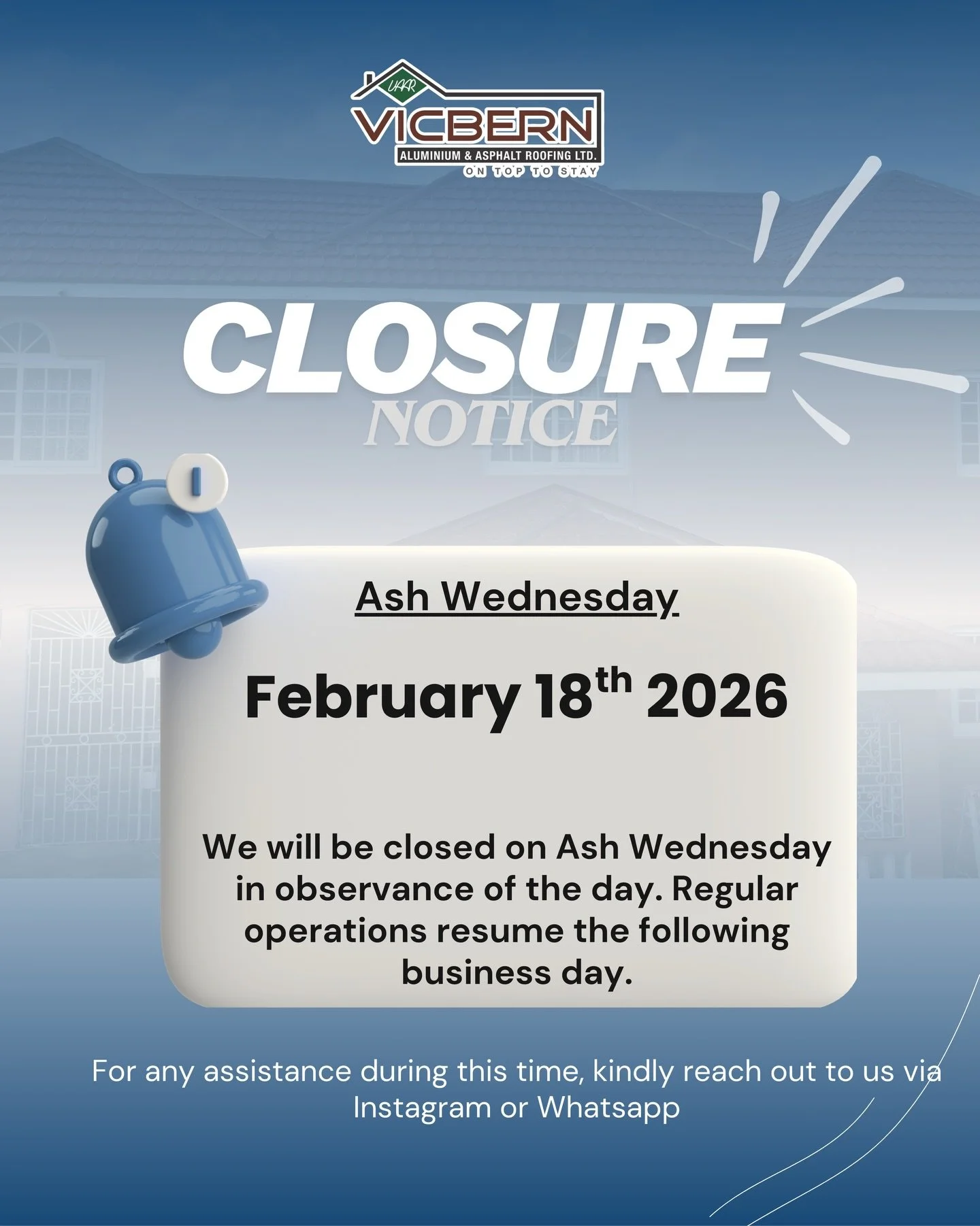 In observance of Ash Wednesday, we will be closed on February 18th, 2026.

We pause to reflect today and will resume regular operations the following business day.

For urgent inquiries, feel free to message us via Instagram or WhatsApp.

#Vicbern #C
