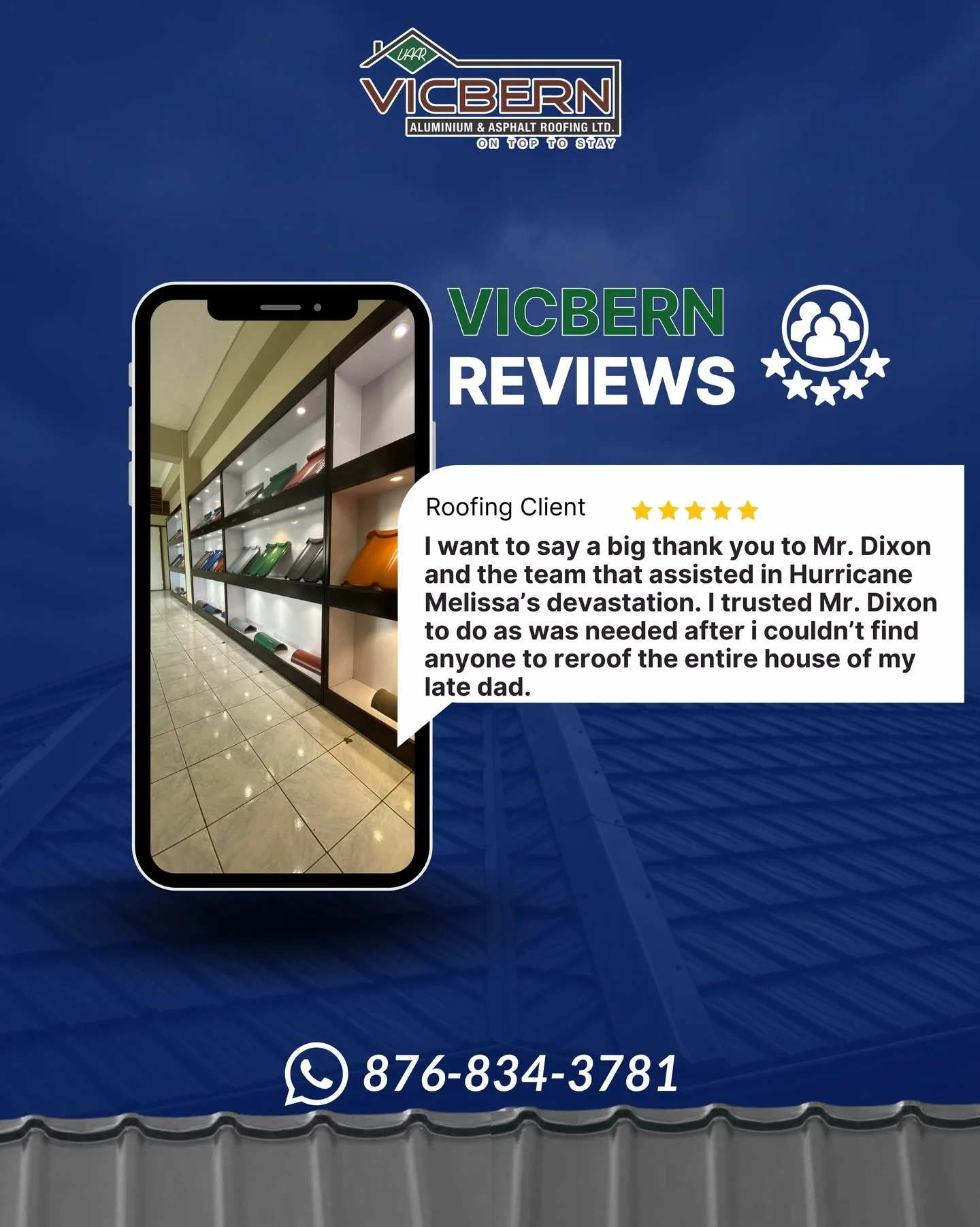 ⭐ Real stories. Real results.
We&rsquo;re grateful for the trust our customers place in us, especially when it matters most. Thank you for choosing Vicbern to restore and protect your home.

📞 Call or WhatsApp 876-834-3781
Vicbern Aluminium &amp; As