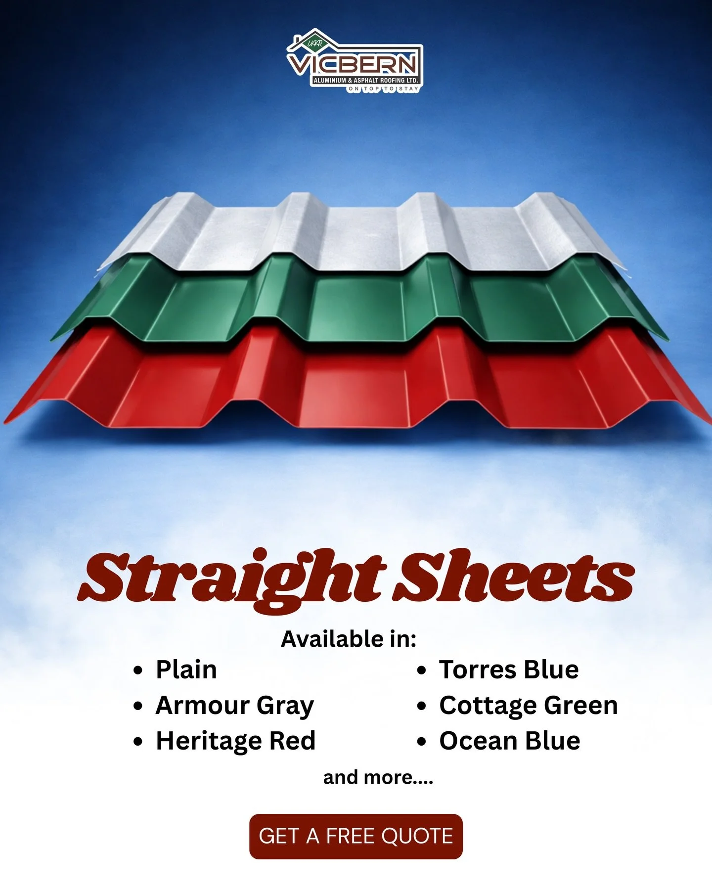 Upgrade your roof with Vicbern Straight Sheets. 🏠
Available in a range of durable colours to match your project.

✔ Plain
✔ Armour Gray
✔ Heritage Red
✔ Torres Blue
✔ Cottage Green
✔ Ocean Blue

📩 Get your FREE quote today.
#Vicbern #RoofingSolutio