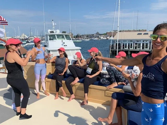 Newport yacht yoga bachelorette party with Jessica Ackerman yoga teacher
