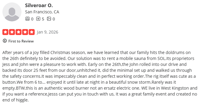 Five-star yelp review image describing a private mobile sauna experience in South Kingstown, Rhode Island
