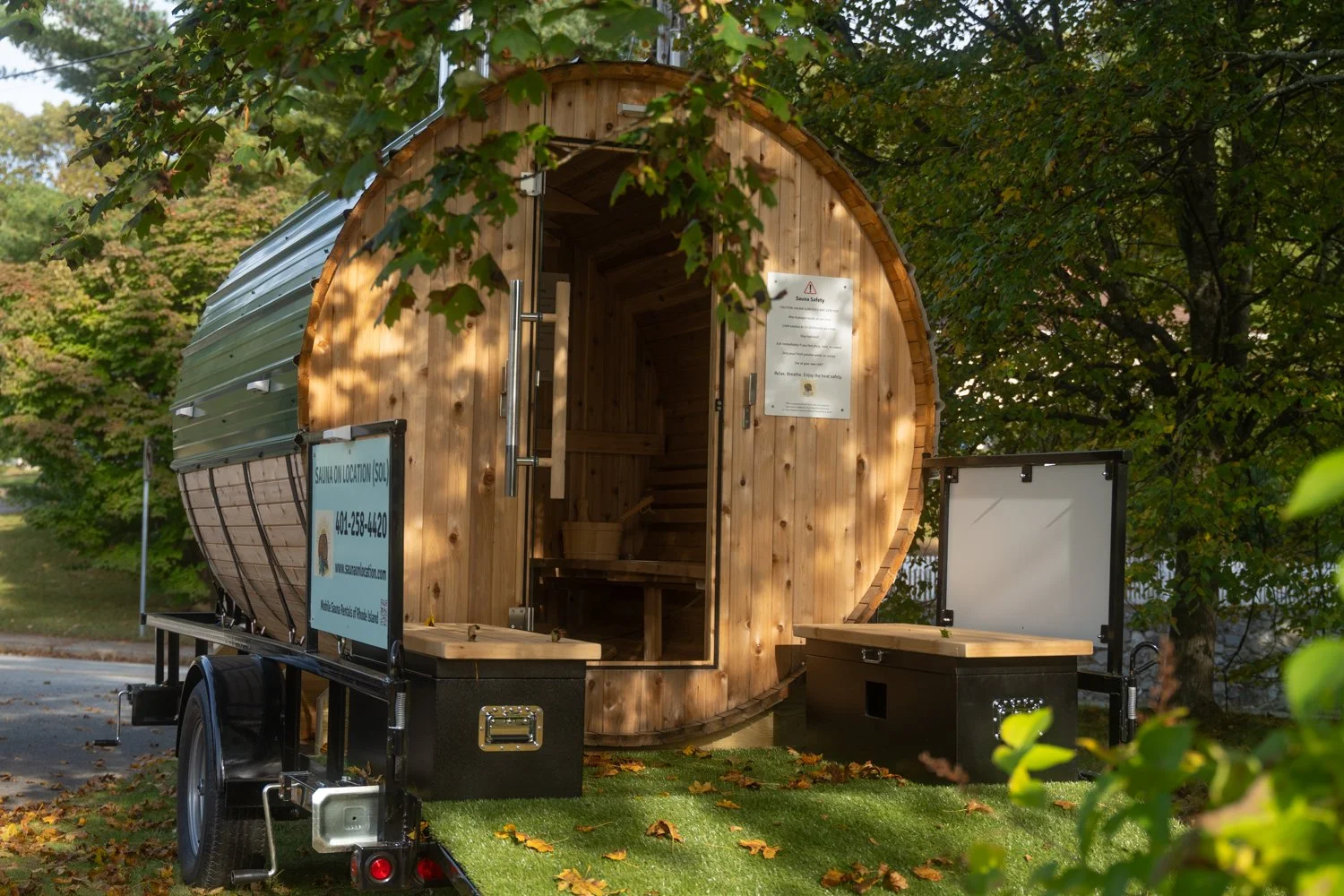 Mobile wood-fired sauna rental in Rhode Island set up for private wellness experience by Sauna On Location in Narragansett.