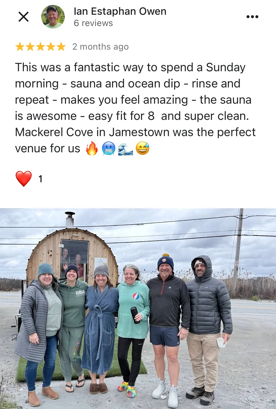 5-star Google testimonial highlighting a cold plunge sauna experience in Jamestown, RI with Sauna On Location