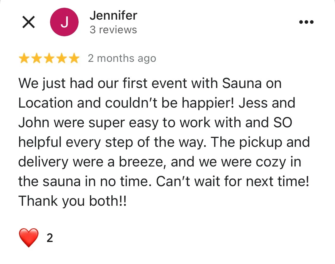 Five-star Google review image describing a private mobile sauna experience in Rhode Island