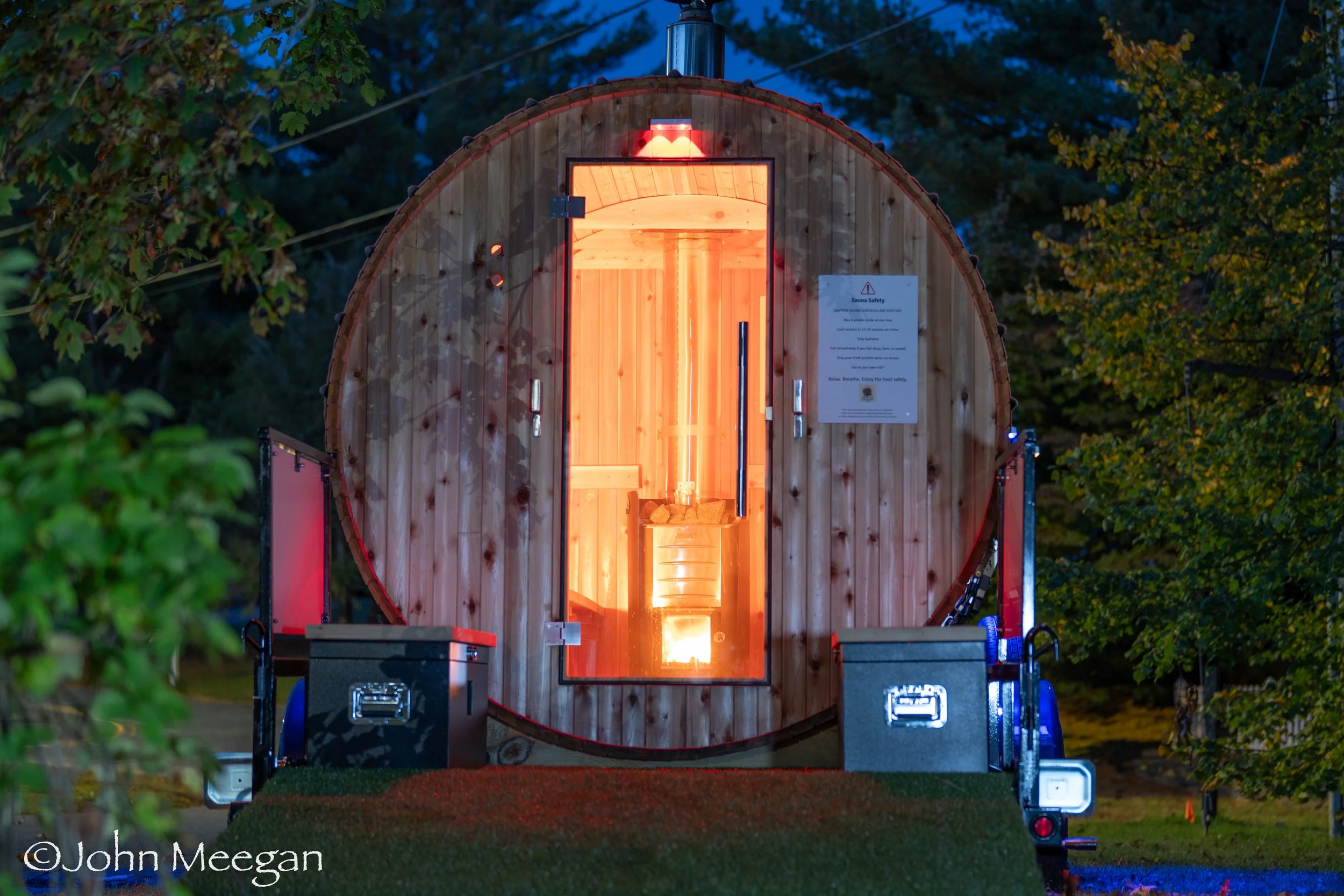 Relaxing mobile sauna experience at a coastal Rhode Island property, available for weekend and daily rentals through Sauna On Location.