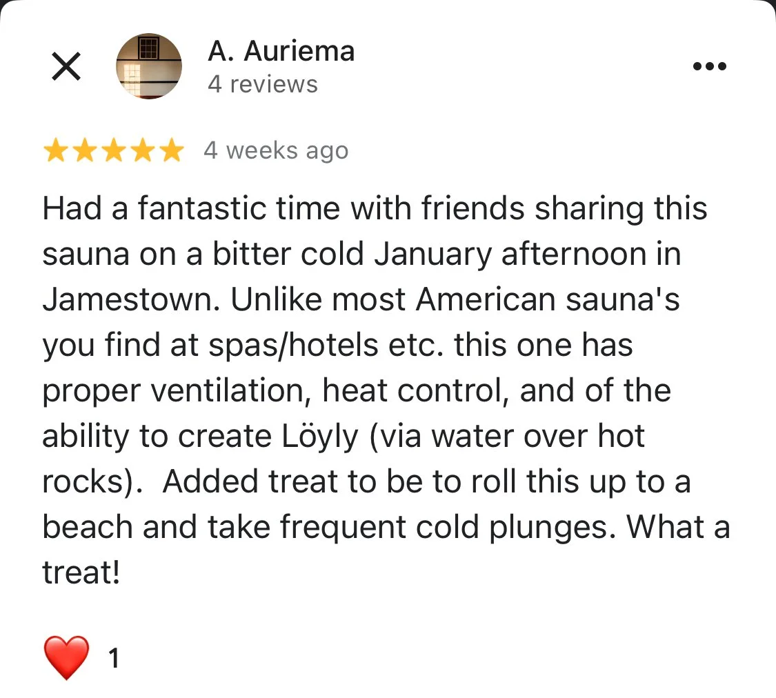 positive Google testimonial with five stars for Sauna On Location for wellness and mobile sauna in Jamestown, RI