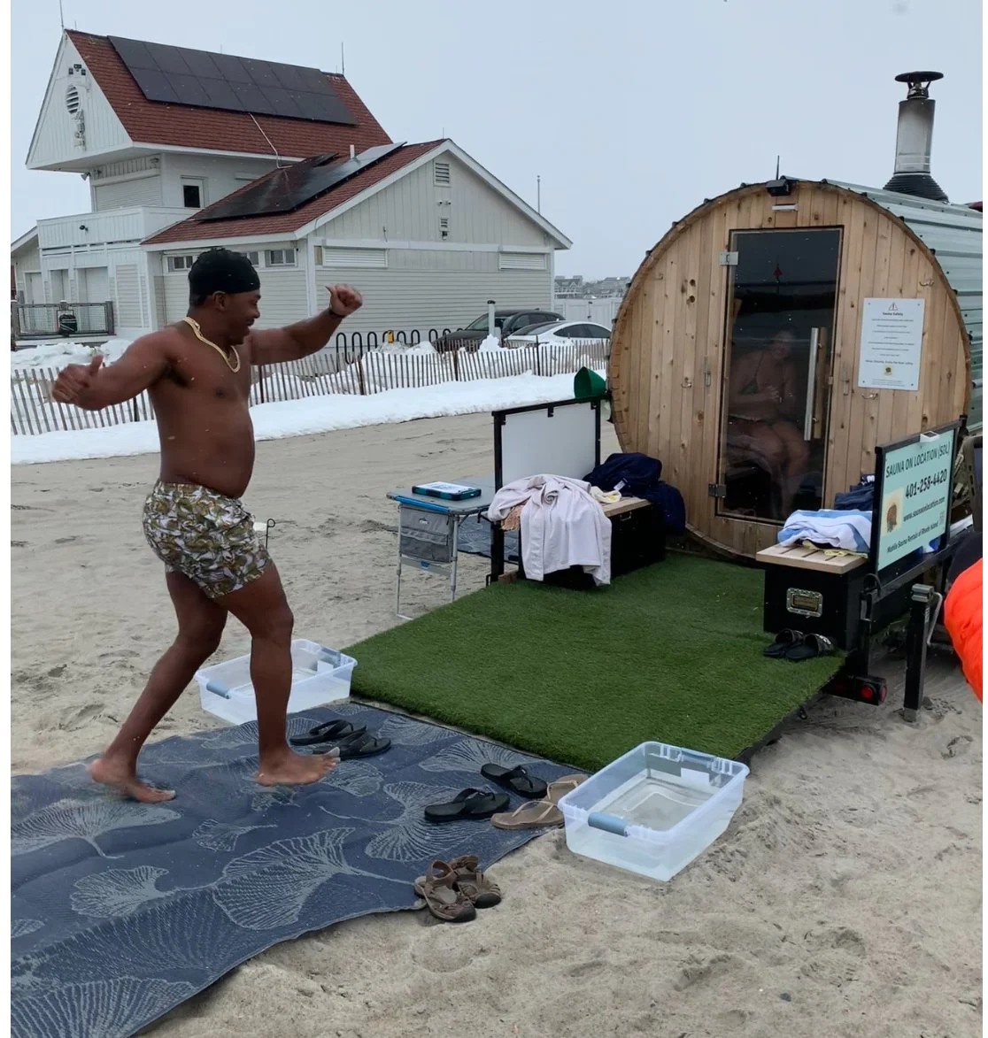 Mobile sauna with cold plunge at Salty Brine Beach in Narragansett, RI