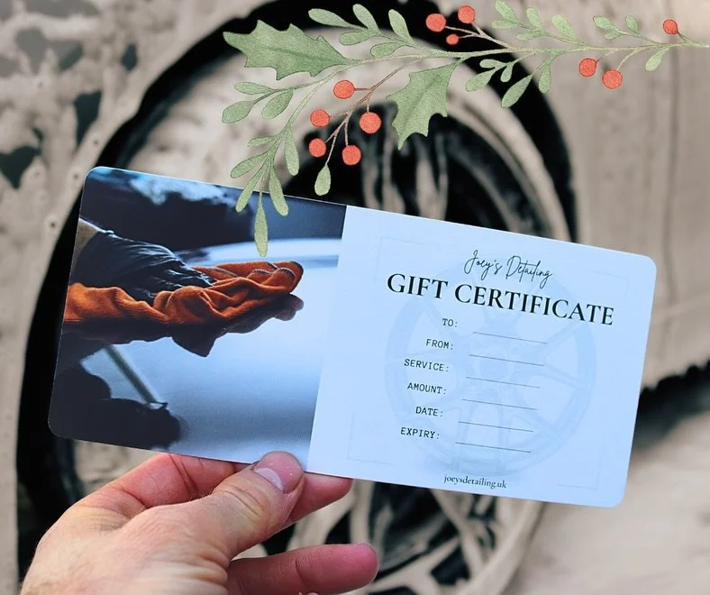 🎄 Christmas Gift Certificates Now Available! 🎁

Looking for the perfect present? Treat someone to a spotless, showroom-ready car this festive season with a Joey&rsquo;s Detailing gift card - ideal for family, friends, or anyone who loves their car 