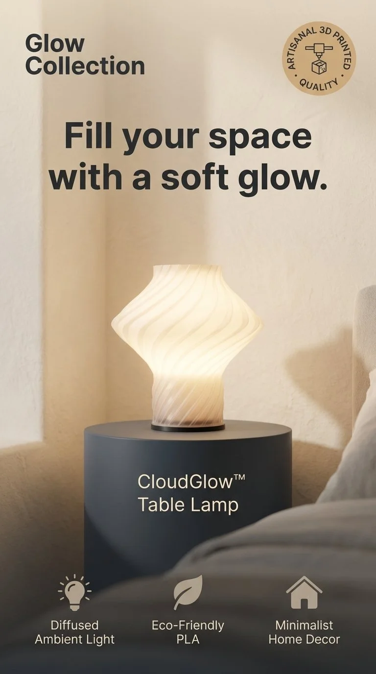 CloudGlow Table Lamp – Soft Modern 3D Printed Lamp | Cozy Ambient Lighting, Minimalist Home Decor by Filamore 3D Prints