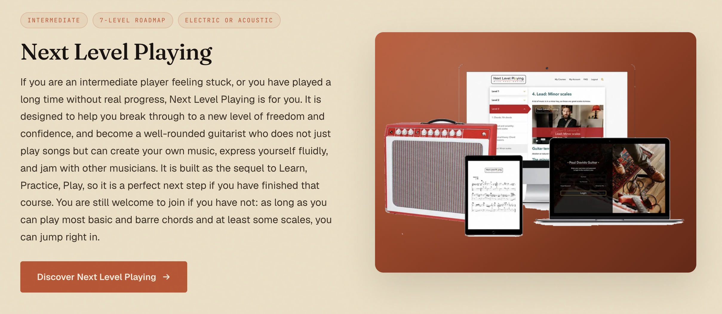 Next Level Playing course overview for intermediate players feeling stuck, with the course shown on several devices