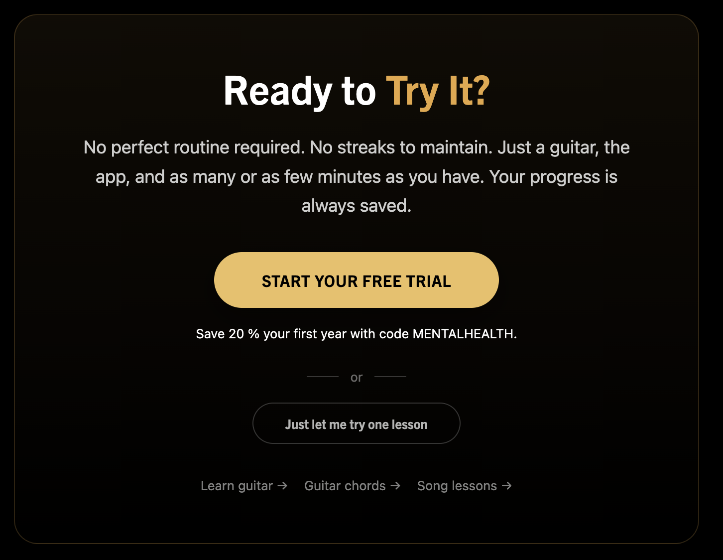 Gibson App "Ready to try it?" panel with a Start Your Free Trial button and an option to try one lesson