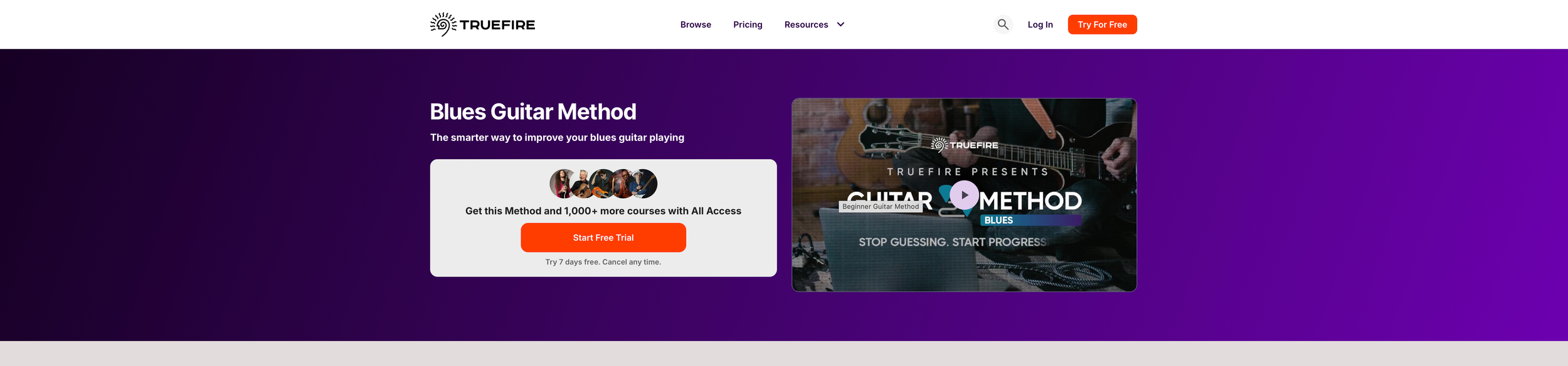 TrueFire website banner for the new Blues Guitar Method, a structured course from the Guitar Methods range