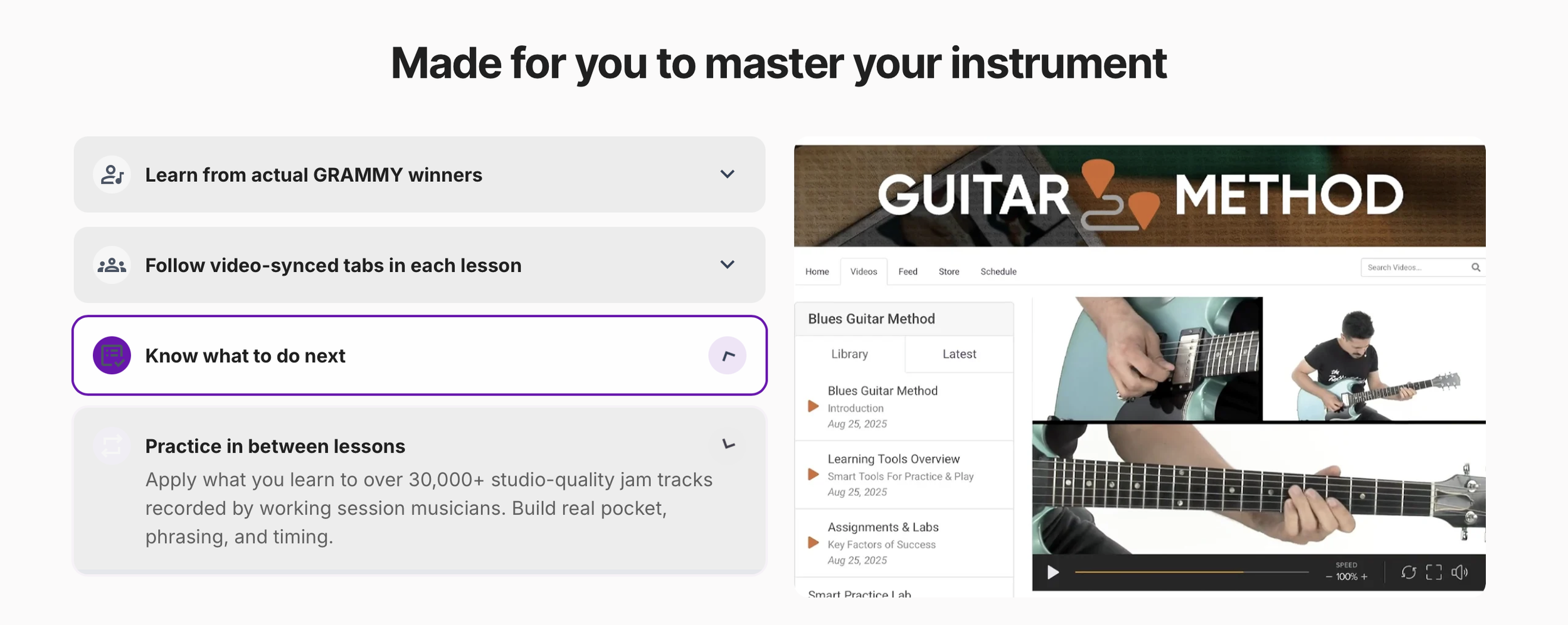 TrueFire Guitar Method lesson list beside a video, showing what to practise next