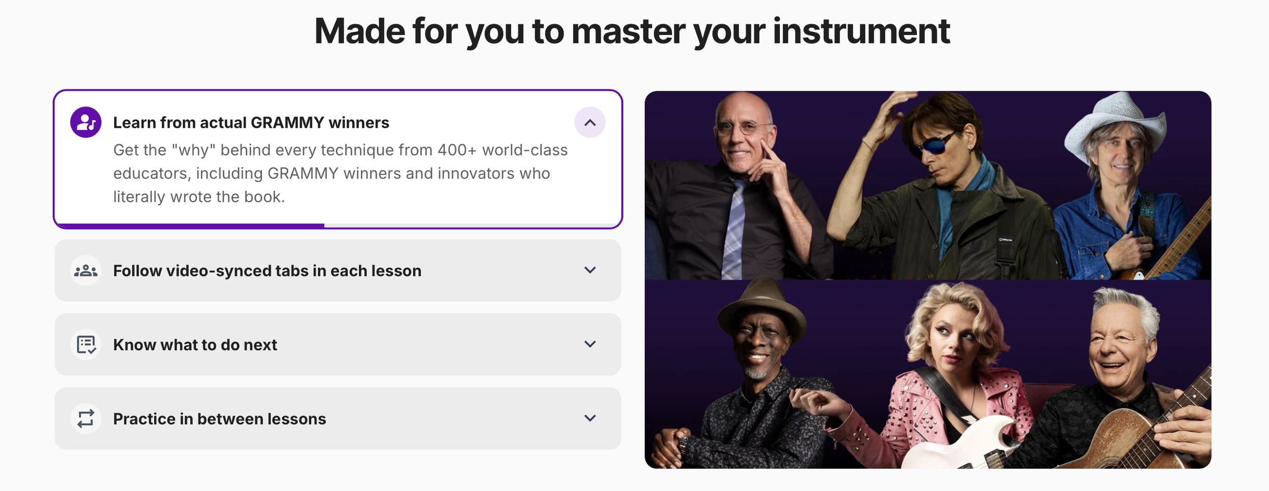 TrueFire feature panel, "Learn from actual GRAMMY winners", with photos of well-known TrueFire educators
