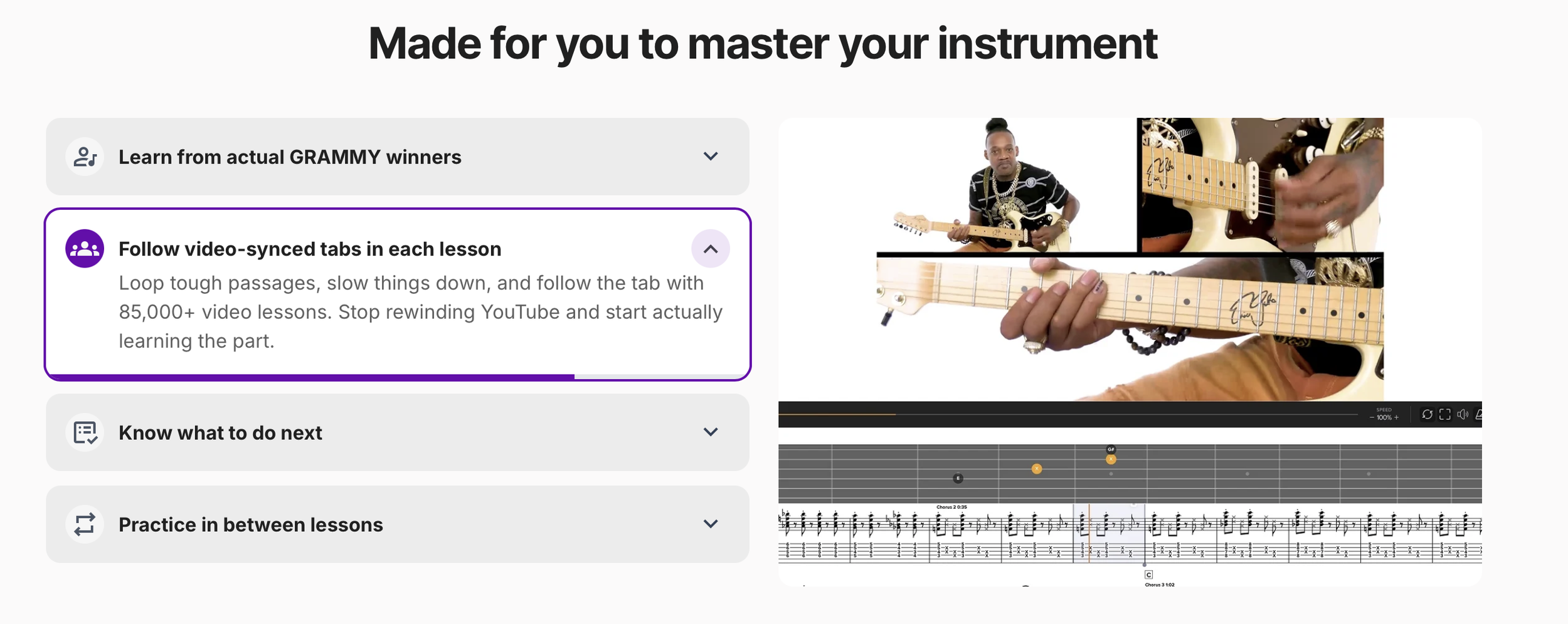 TrueFire lesson with multiple camera angles and video-synced tab you can loop and slow down