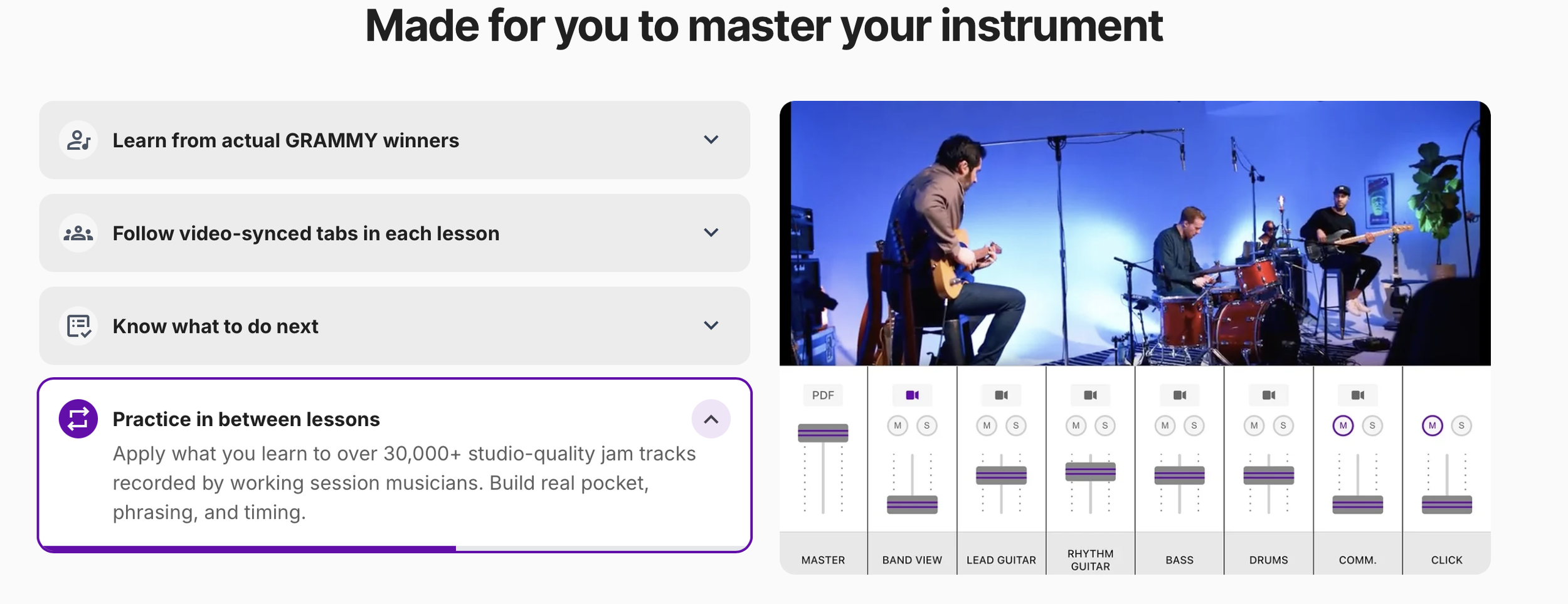 TrueFire multi-track jam with a mixer to mute or adjust guitar, bass, drums and keys
