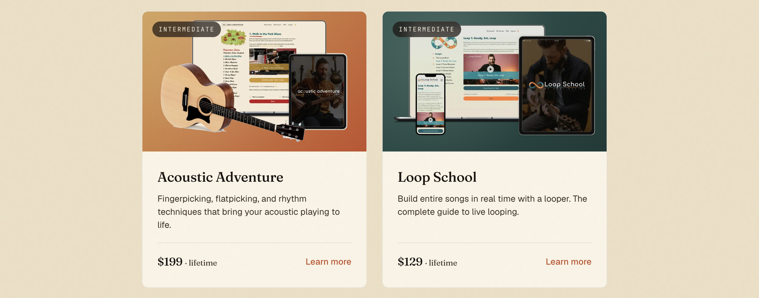 Paul Davids Guitar course cards for Acoustic Adventure at $199 and Loop School at $129, both with lifetime access