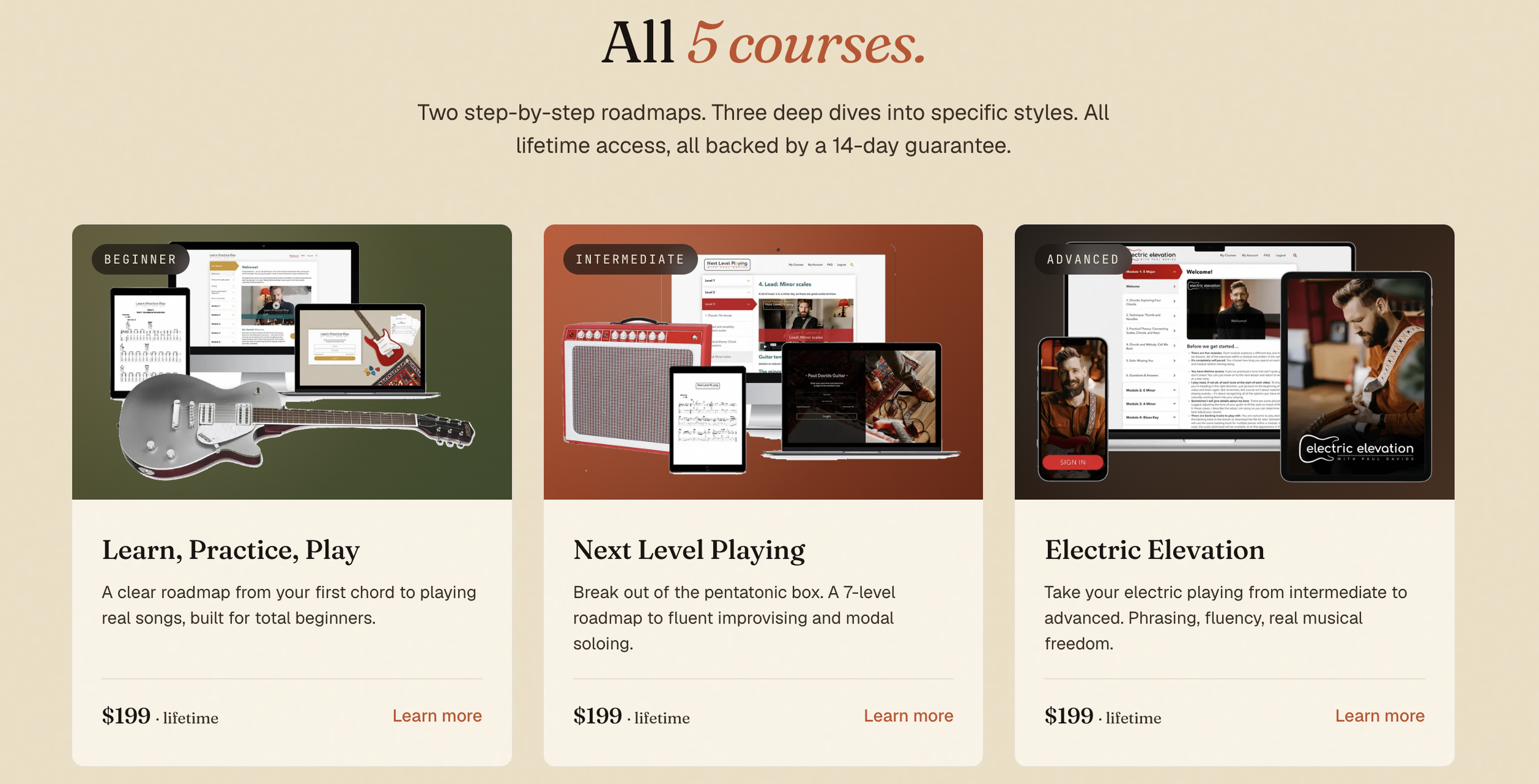 Paul Davids Guitar course page showing Learn, Practice, Play, Next Level Playing and Electric Elevation with prices