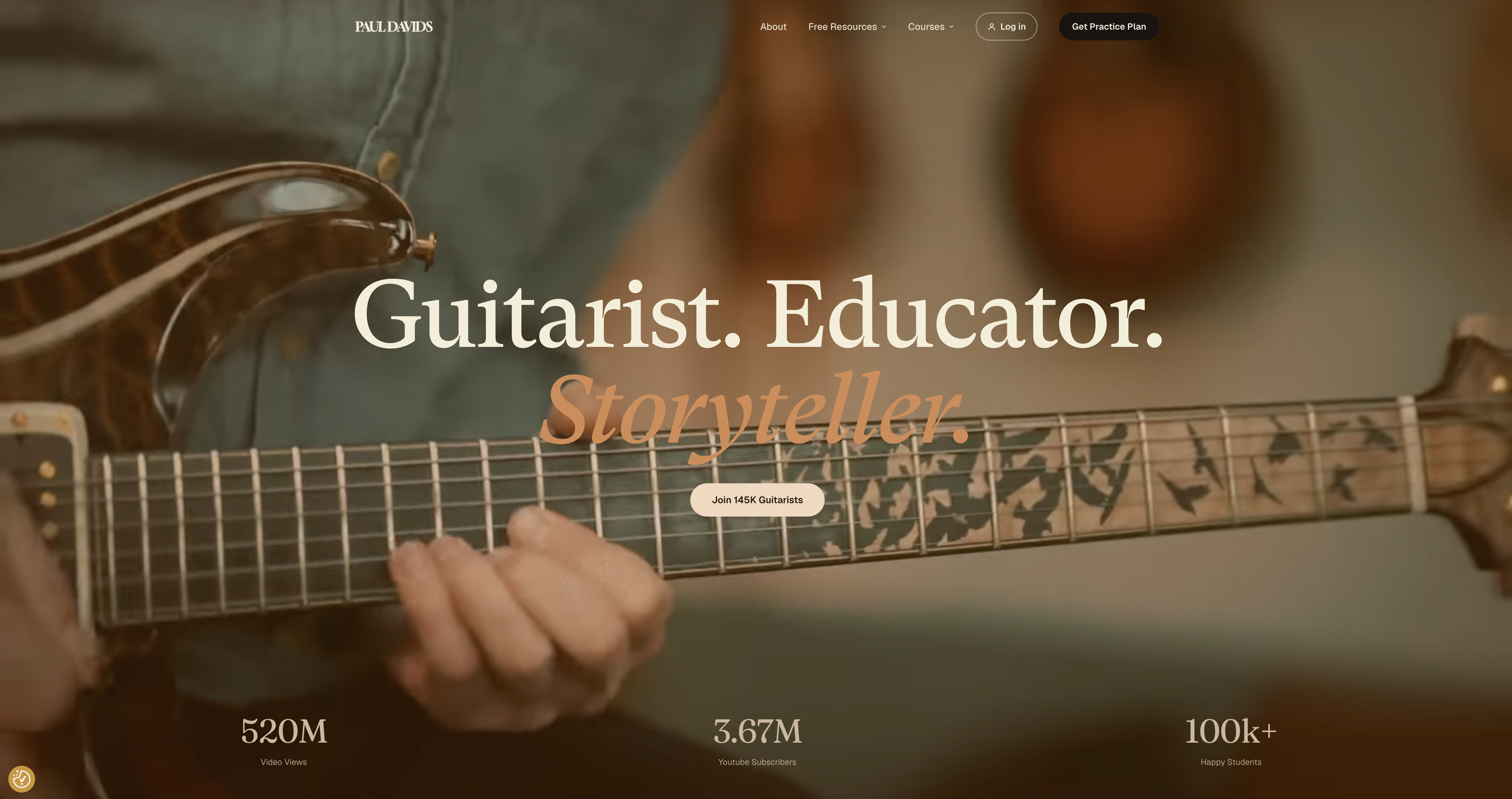 Paul Davids website banner, "Guitarist. Educator. Storyteller.", with 520M views, 3.67M subscribers and 100k+ students