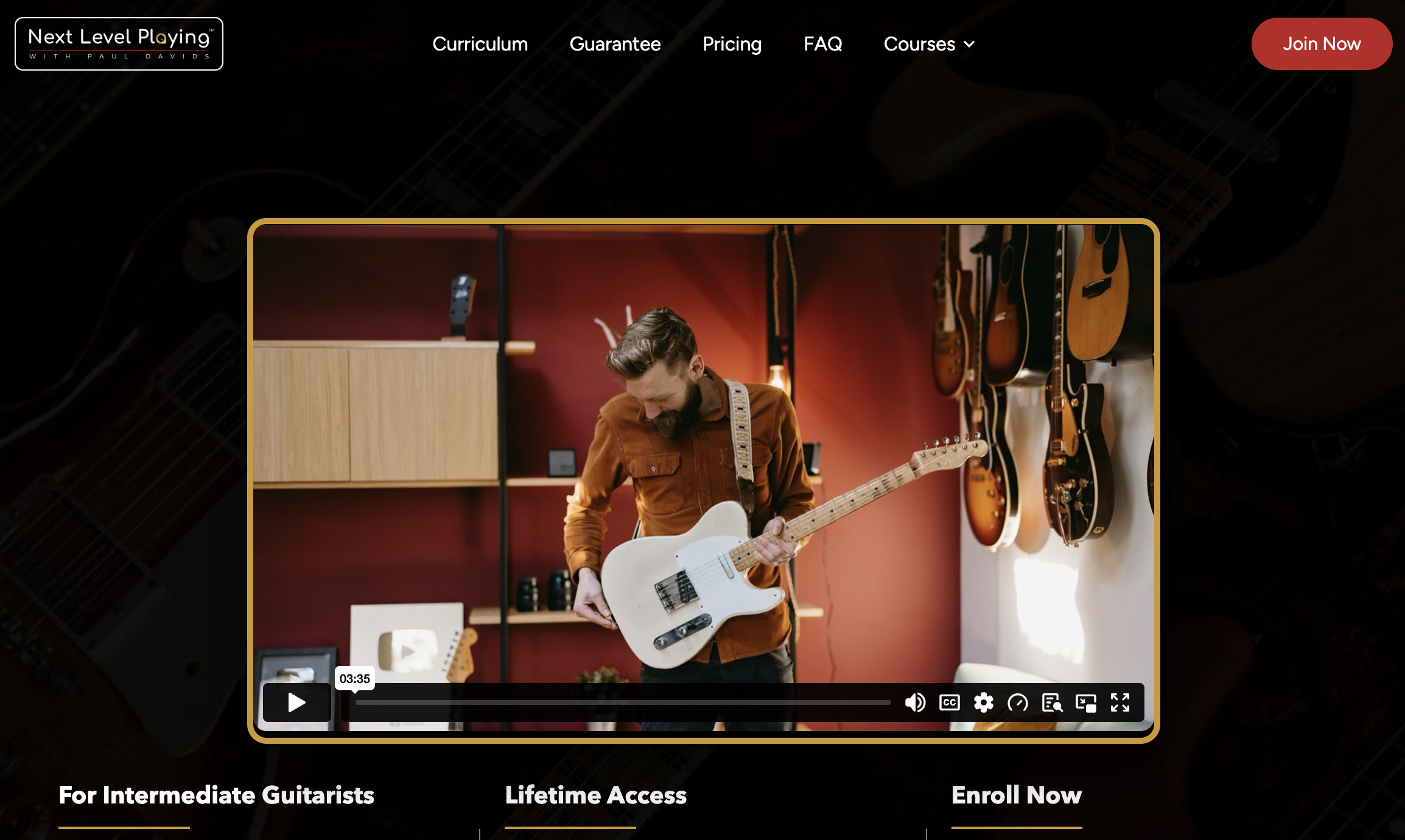 Next Level Playing course page with a video of Paul Davids playing a white electric guitar