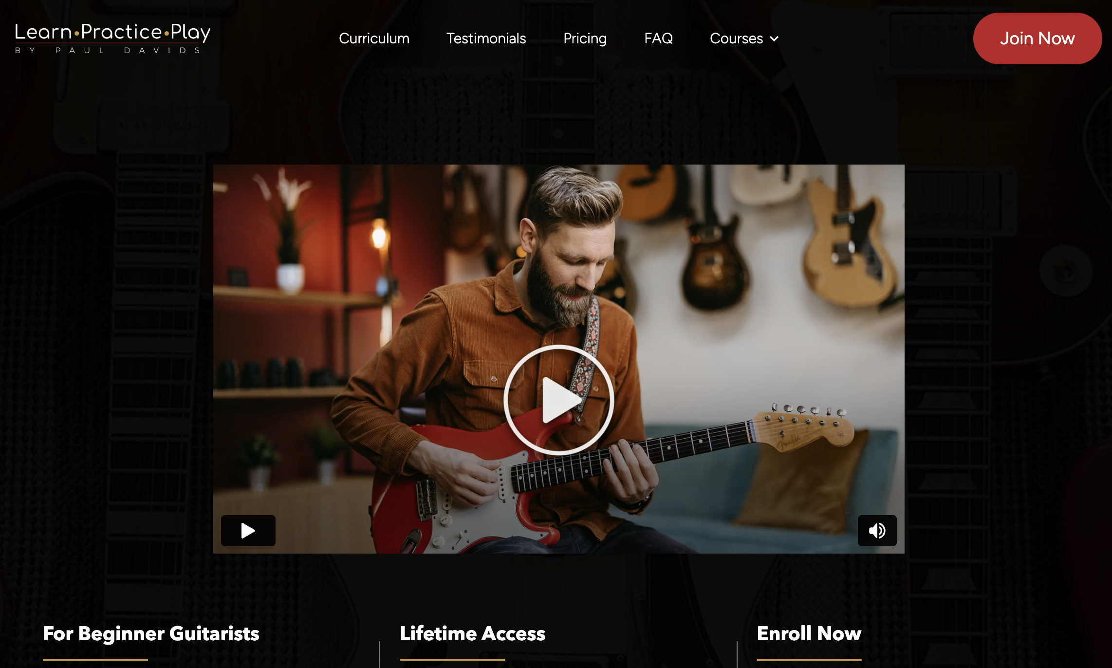 Learn, Practice, Play course page with a welcome video of Paul Davids playing a red electric guitar