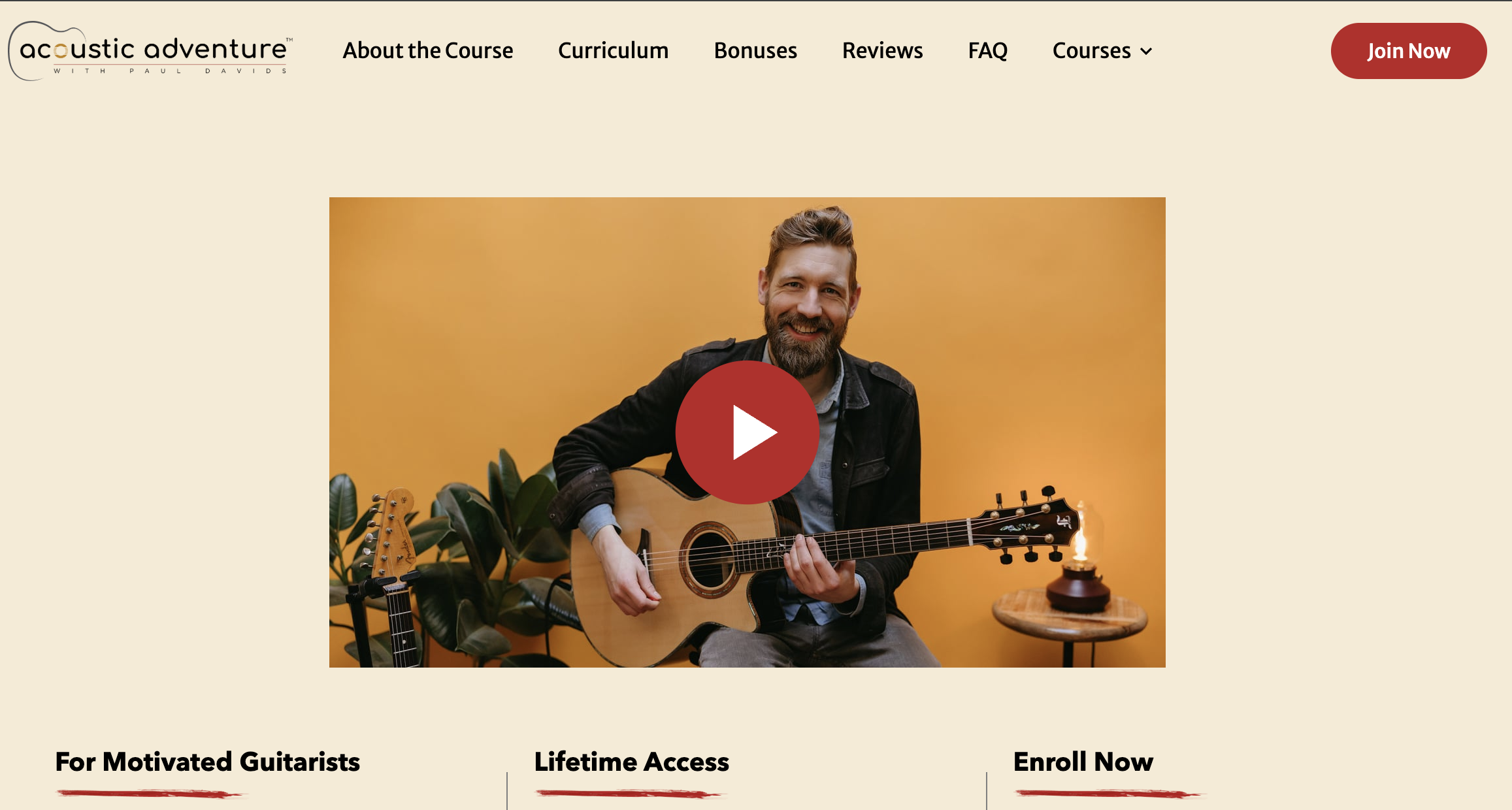 Acoustic Adventure course page with a video of Paul Davids playing an acoustic guitar