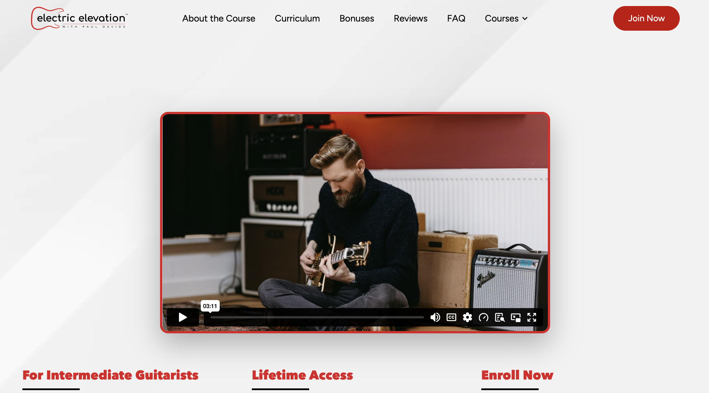 Electric Elevation course page with a video of Paul Davids sitting with an electric guitar beside his amps