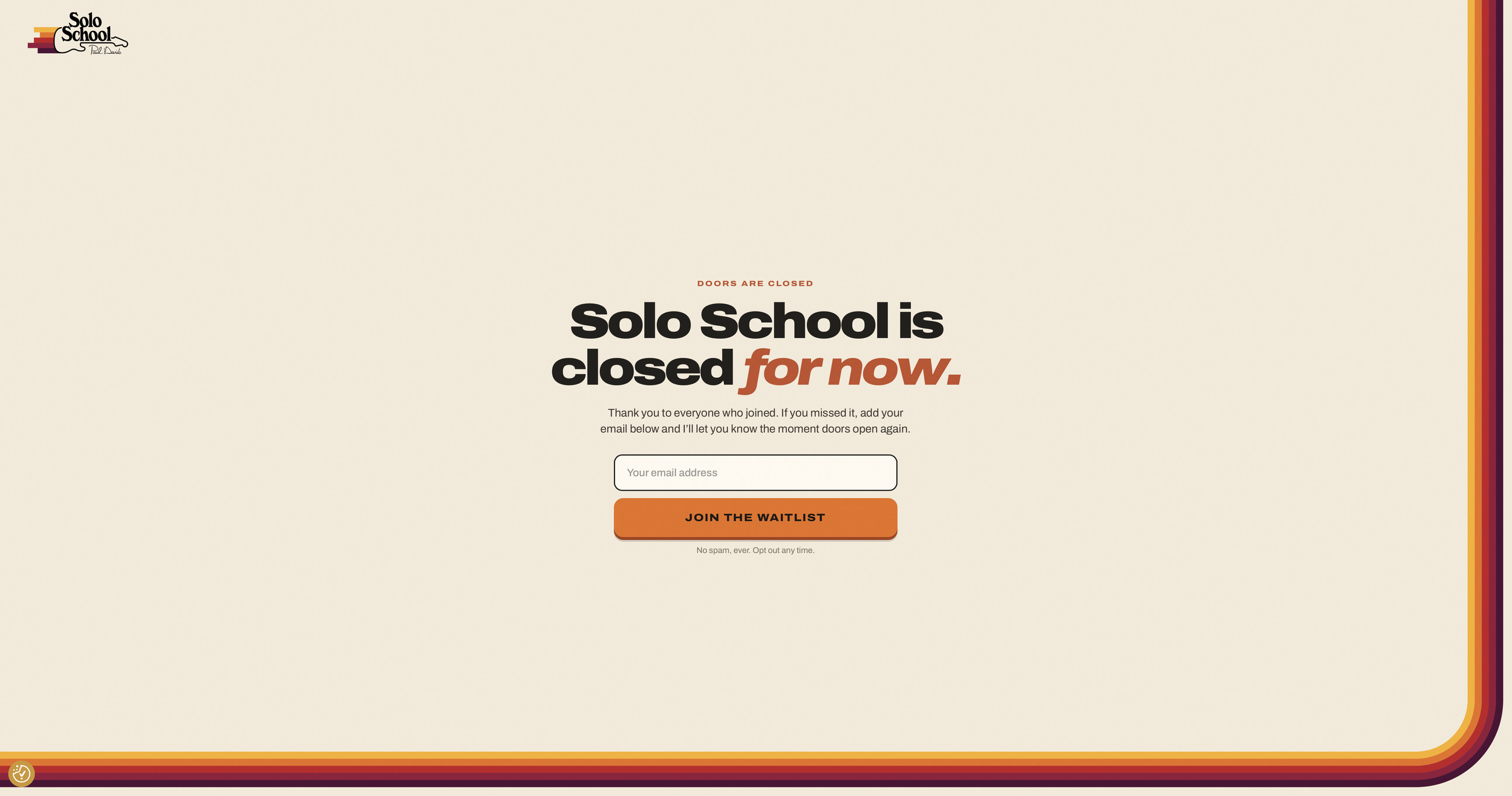 Solo School waitlist page, "Solo School is closed for now", with a Join the Waitlist button