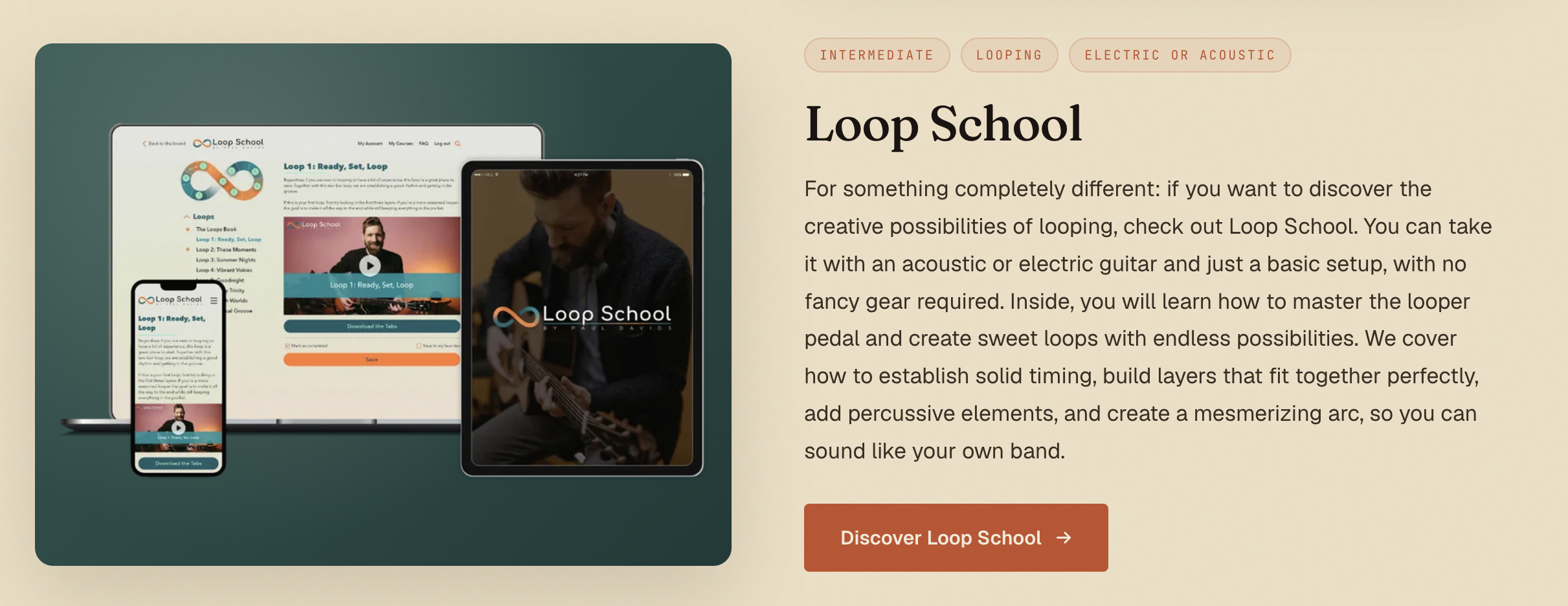Loop School course overview for building songs with a looper pedal on acoustic or electric guitar