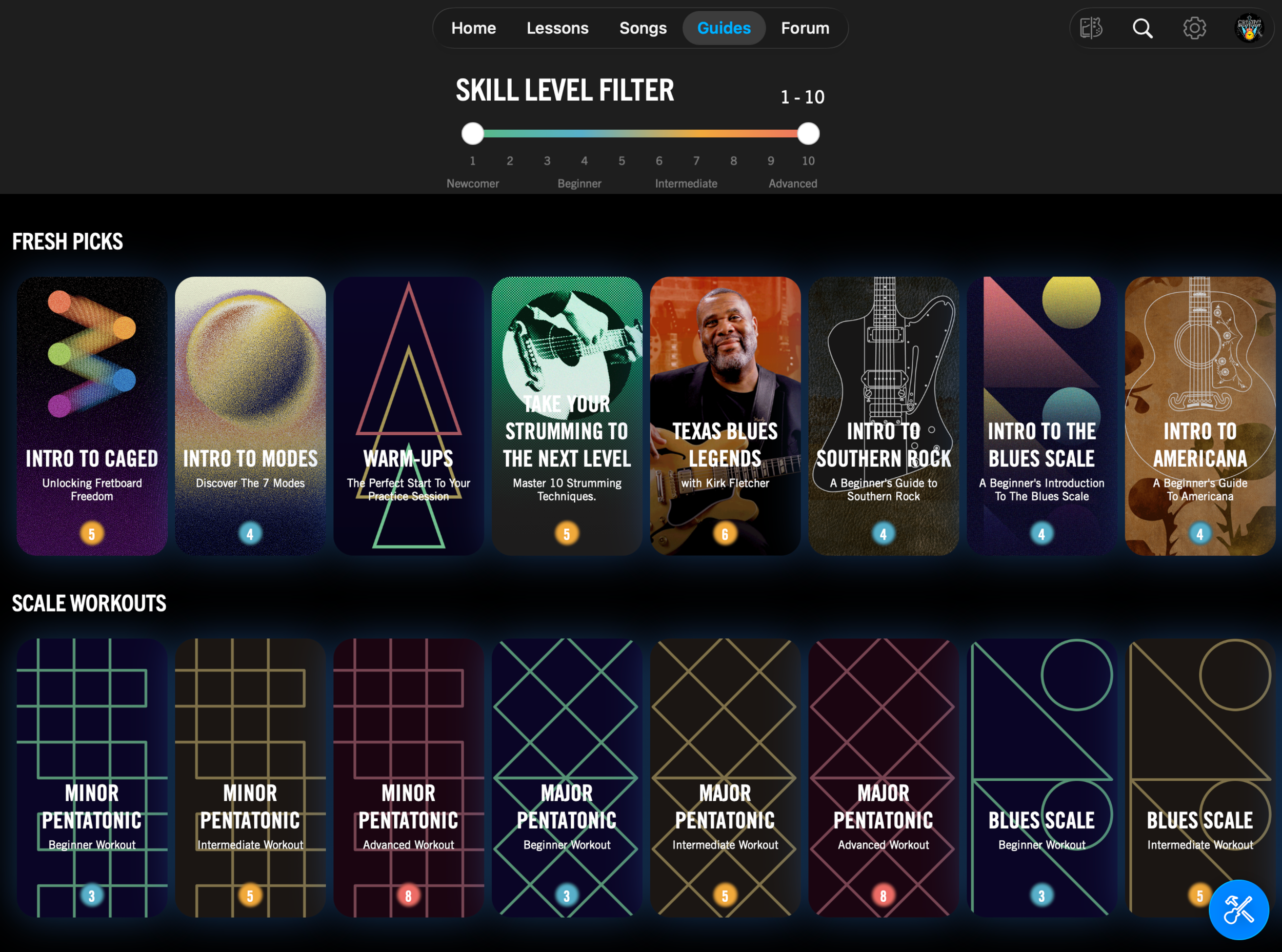Gibson App Guides on iPad with a skill level filter, fresh picks and scale workouts