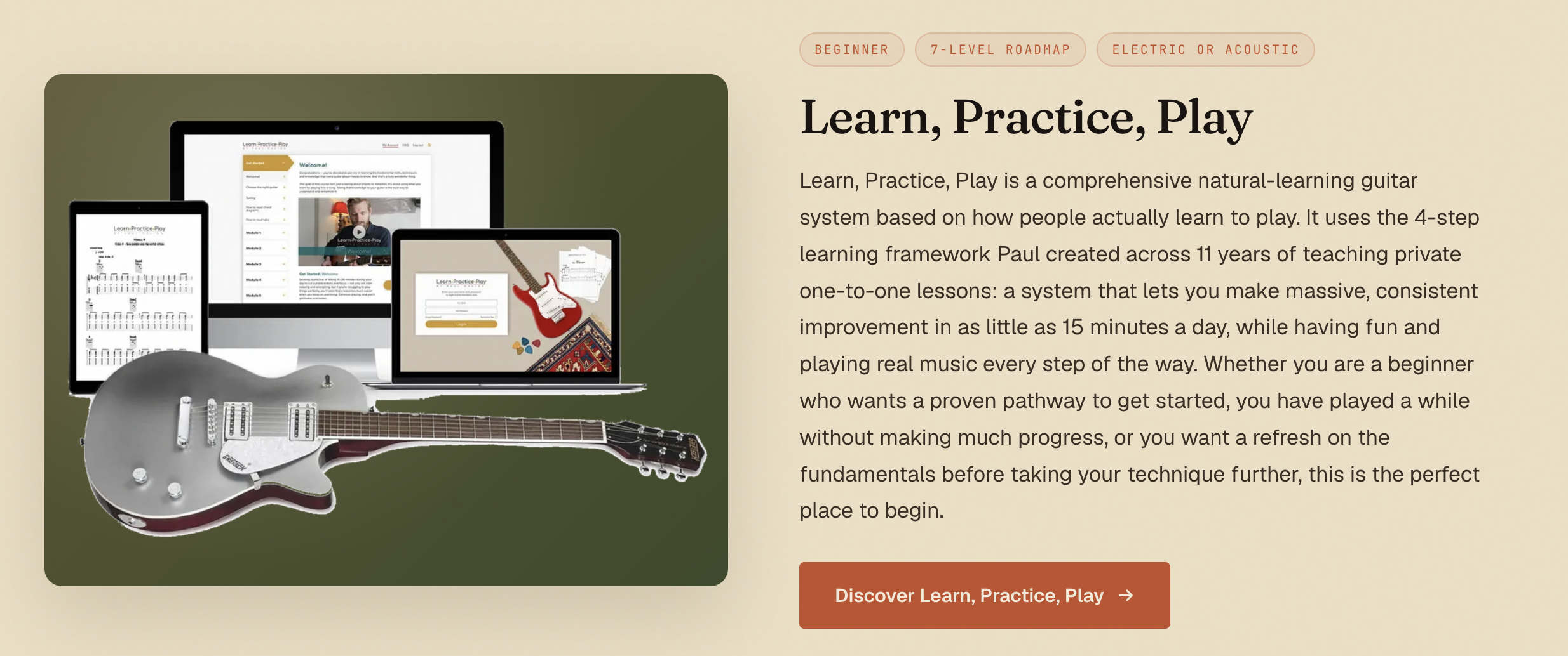 Learn, Practice, Play course overview for beginners, shown on a laptop, tablet and phone