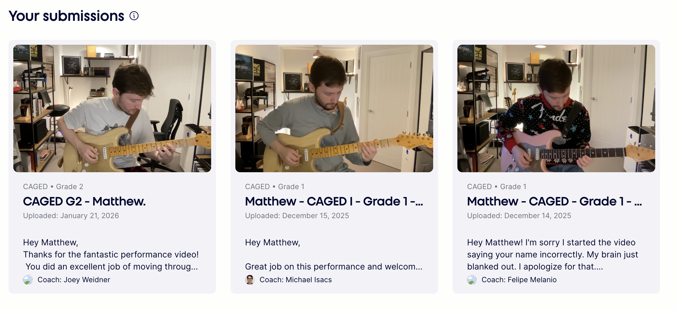 Pickup Music's 1:1 Video Feedback - showing 3 video submissions from the author with comments from the coaches underneath