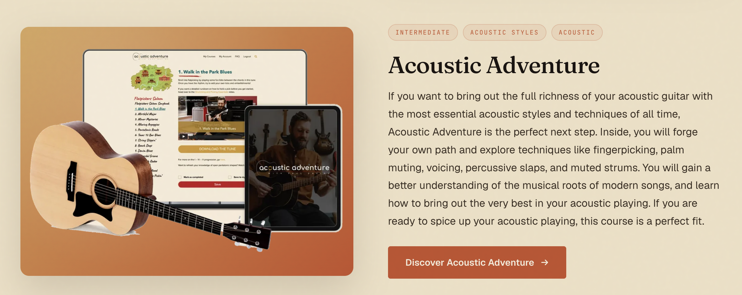 Acoustic Adventure course overview covering fingerpicking, strumming and other acoustic guitar techniques