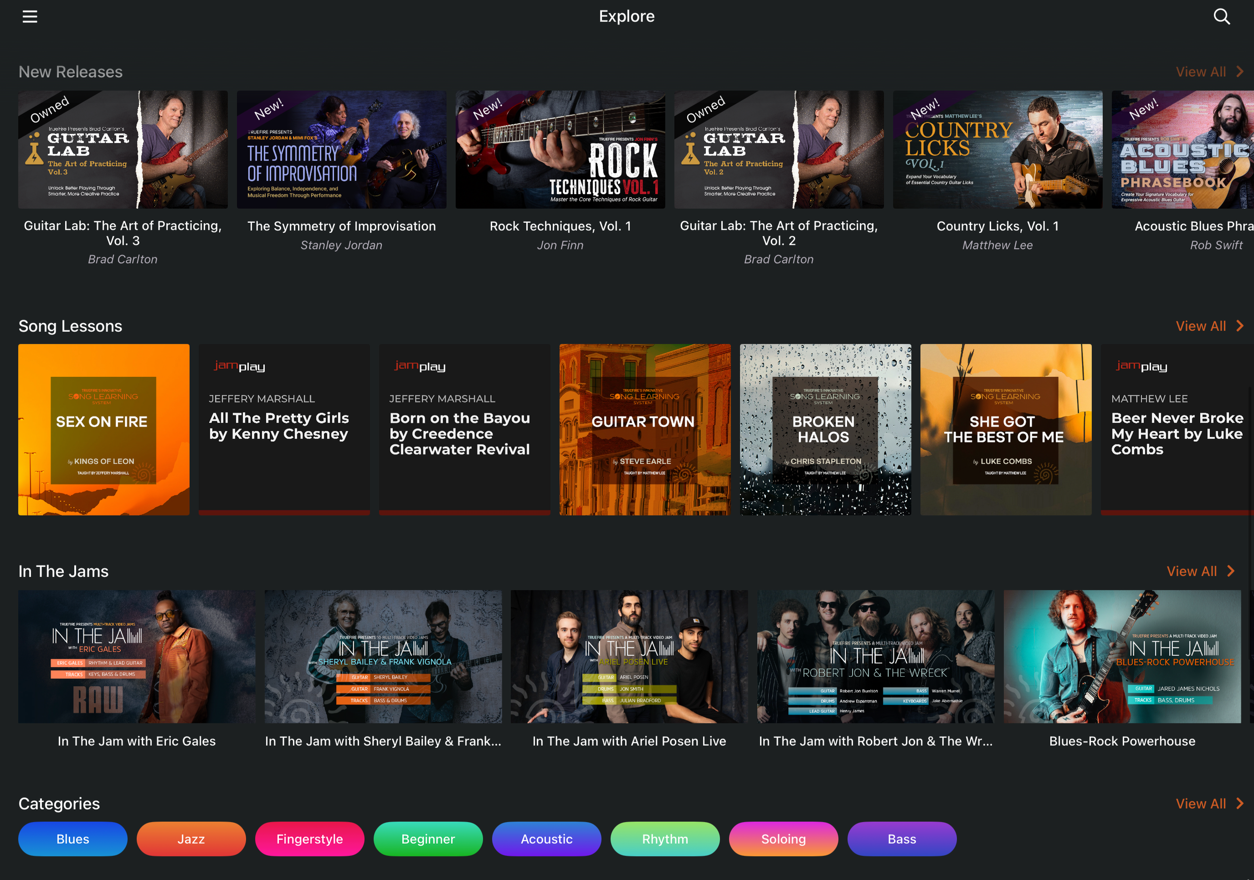 TrueFire app Explore page showing new releases, song lessons, In The Jam sessions and style categories