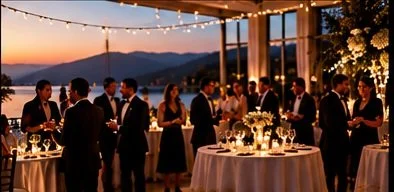 Guests in formal attire at a wedding reception or party, standing around decorated tables with flowers, outdoor setting at sunset with string lights.